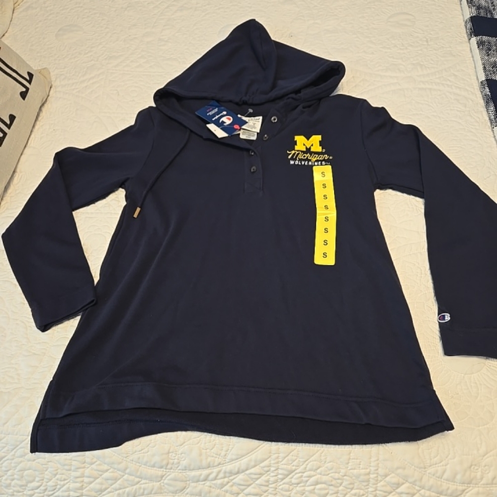 Champion Ladies Navy Hoodie with Michigan Logo